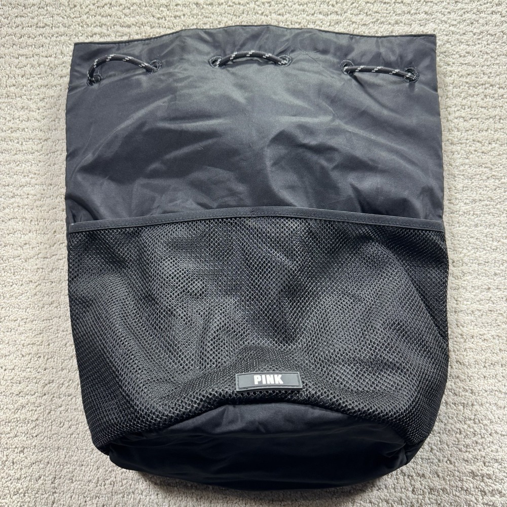 VICTORIA'S SECRET PINK DRAWSTRING MESH BACKPACK PURE BLACK - Picture 1 of 5